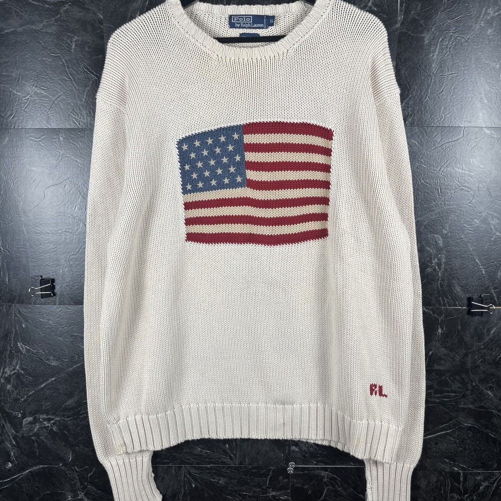 Polo Ralph Lauren Men's White Vtg USA Flag Knit Sweater XL